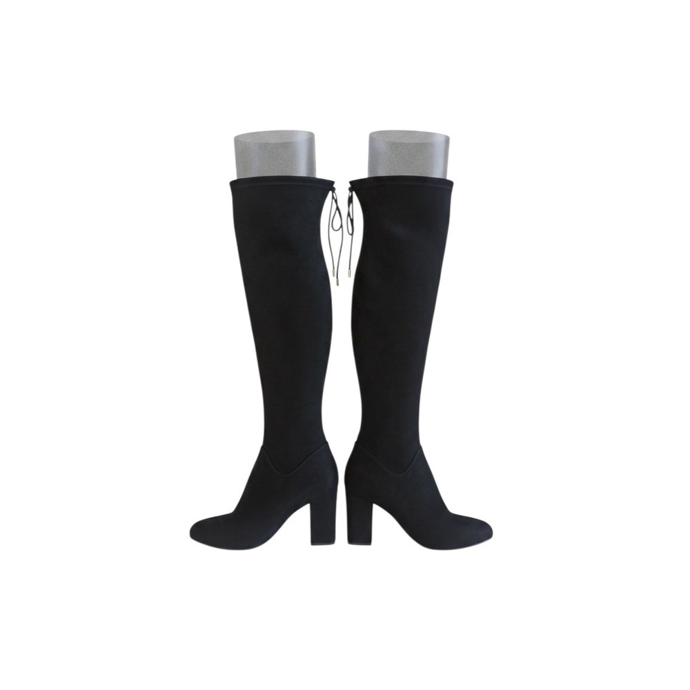 Womens Black Faux Suede Knee High Block Heel Boots Quarter Zip Tie